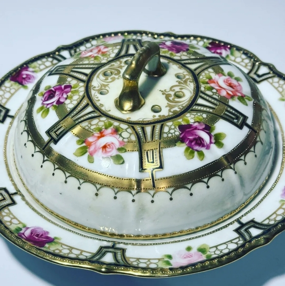 Antique Noritake Nippon Rose Cheese Plate Domed Vented Lid, Hand Painted is brea - Picture 15 of 17